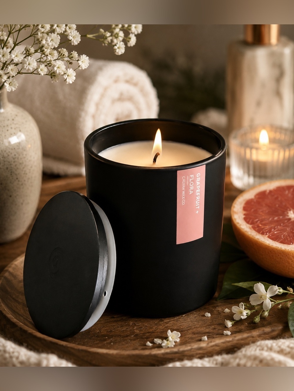 Calyan Wax Co Grapefruit Flora Soy Candle Matte Black Jar